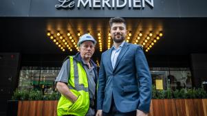 LU Simon Builders foreman Greg Murdoch and project manager Dennis L Moschoyiannis outside Le Meridian Melbourne.