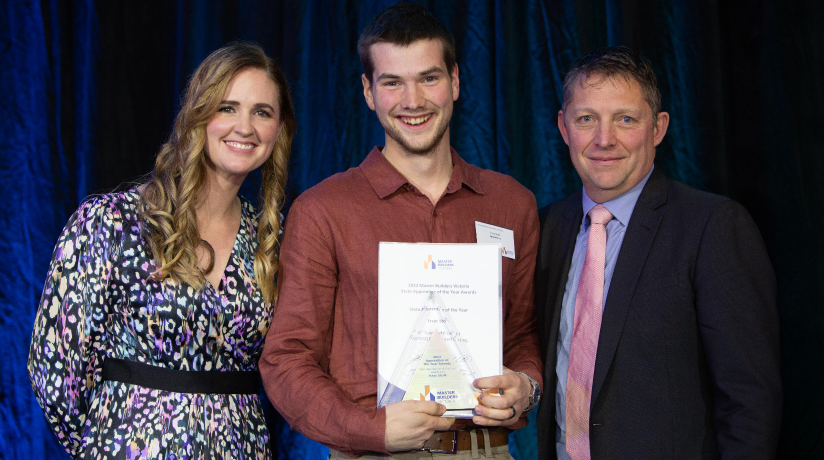 MBV CEO (Interim) Michaela Lihou with 2023 Victorian Apprentice of the Year, Isaac Stolk and MBV President Geoff Purcell
